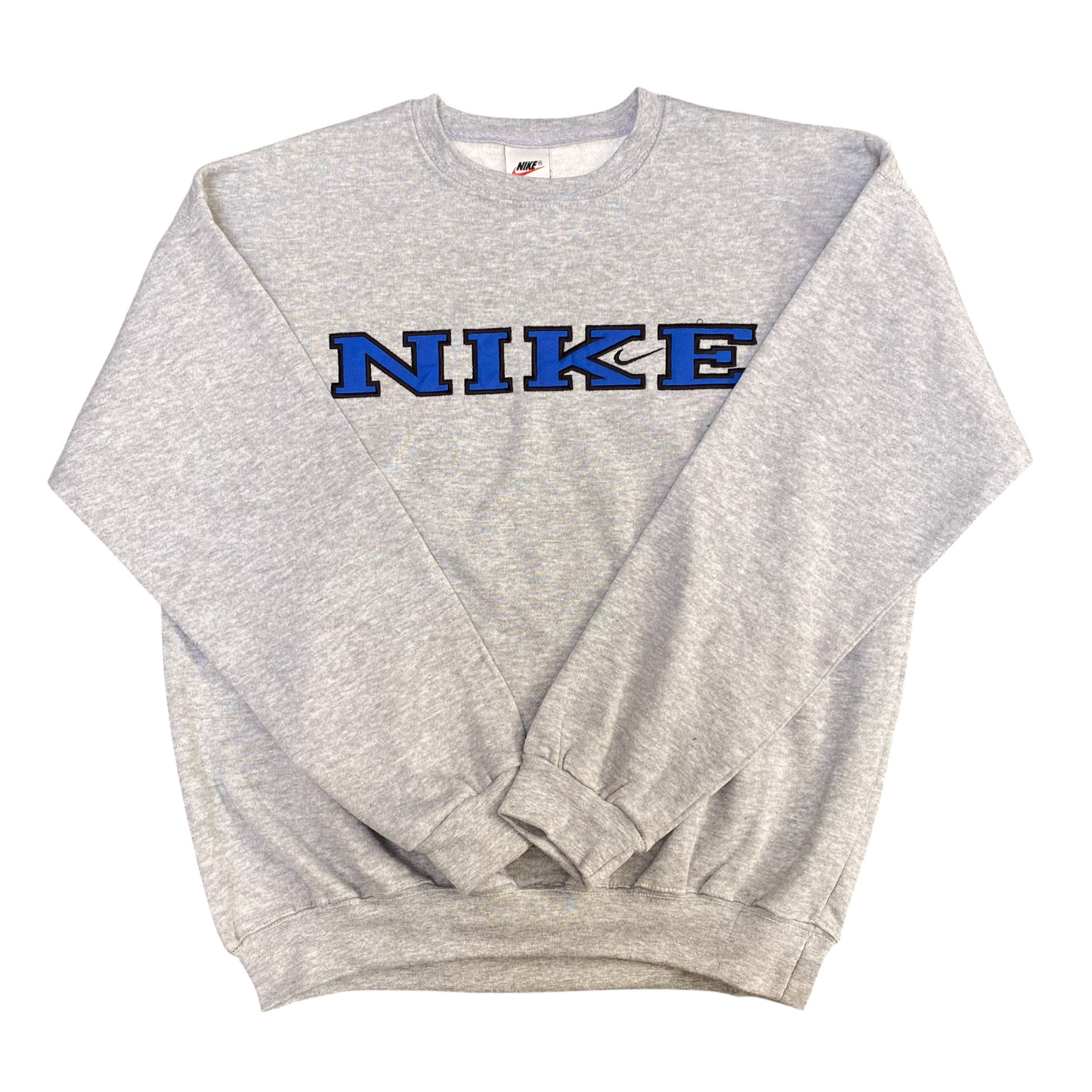 Nike Reworked Sweatshirt Mens M Grey Embroidered Spellout Logo Long Sleeve