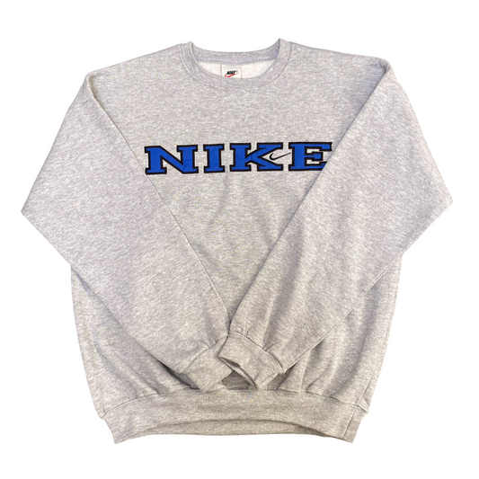 Nike Reworked Sweatshirt Mens M Grey Embroidered Spellout Logo Long Sleeve