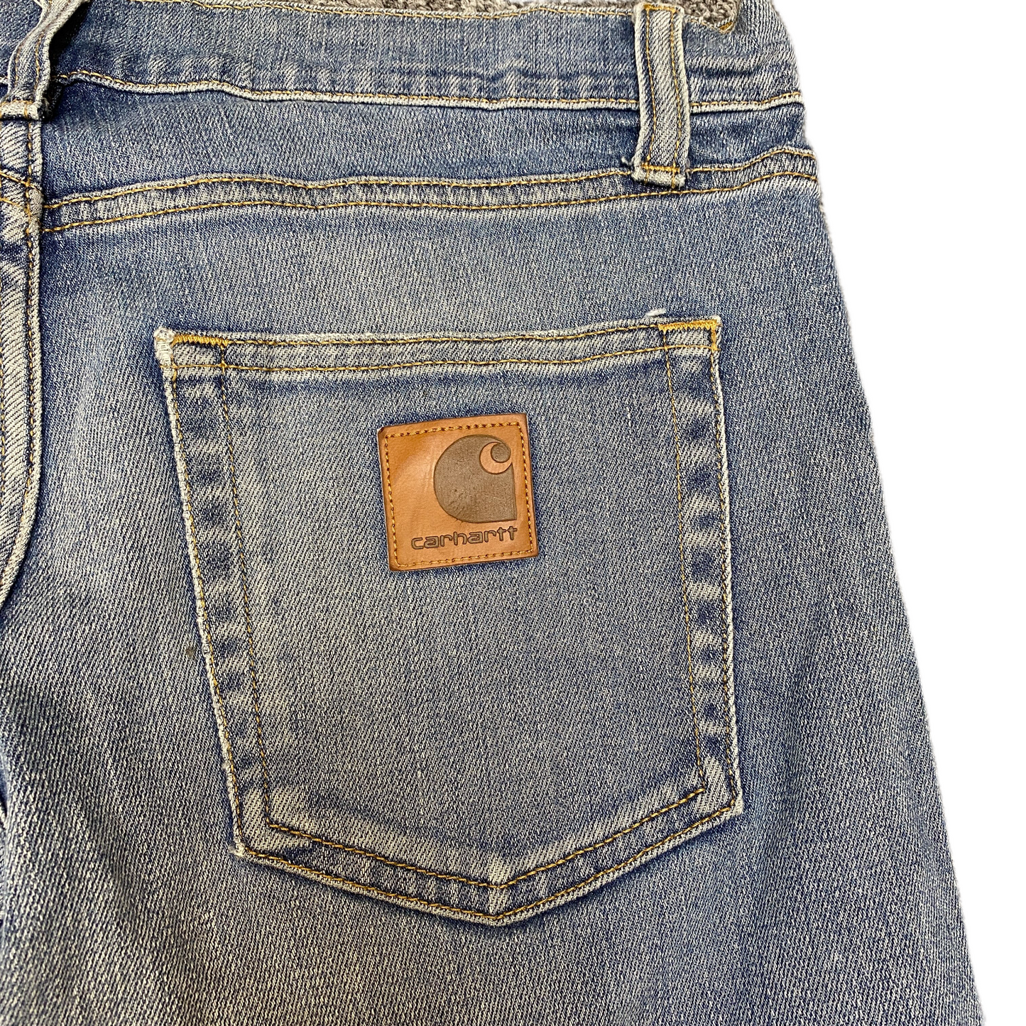 Carhartt Wip Rebel Jeans Mens 32 Blue Denim Stretch Frayed Hem Whiskered Skinny