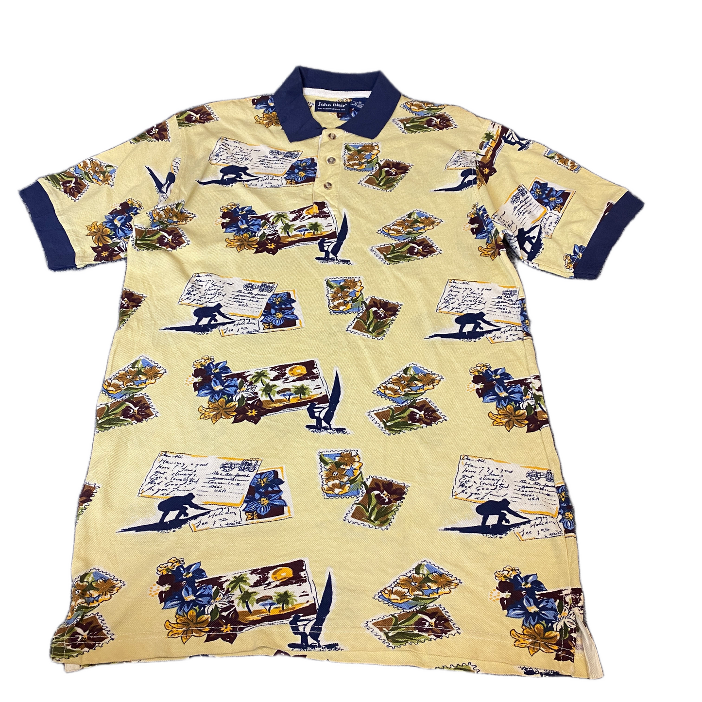 Vintage John Blair Polo Shirt Mens Medium Yellow All-Over Postcard Print Popover
