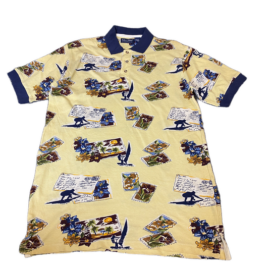 Vintage John Blair Polo Shirt Mens Medium Yellow All-Over Postcard Print Popover