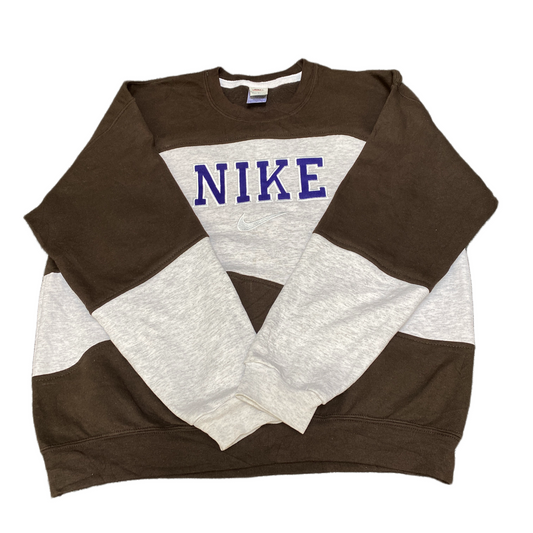 Nike Reworked Sweatshirt Mens Large Brown Grey Embroidered Spellout Logo Vtg Y2K