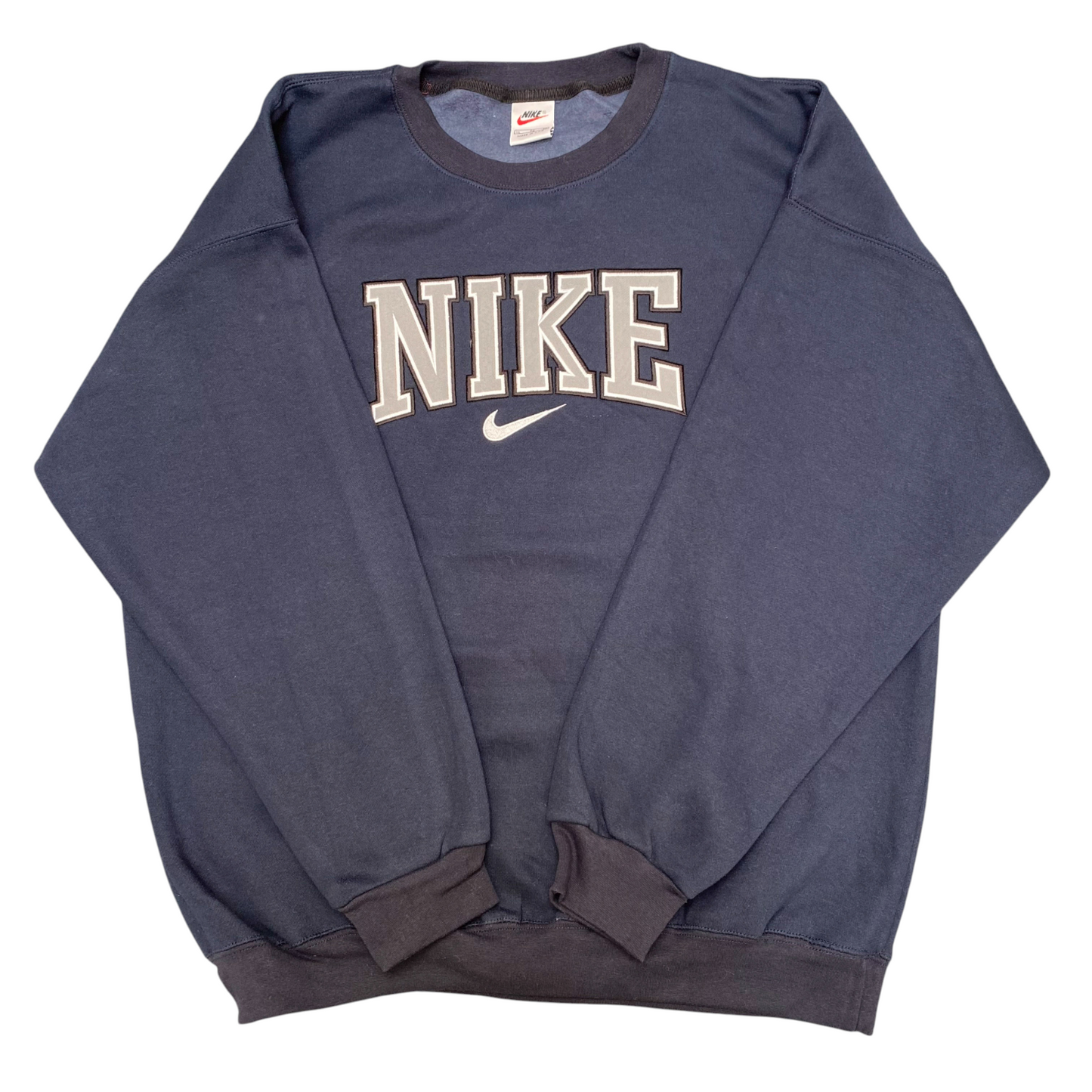 Nike Reworked Sweatshirt Mens XL Blue Navy Embroidered Spellout Logo Crew Neck