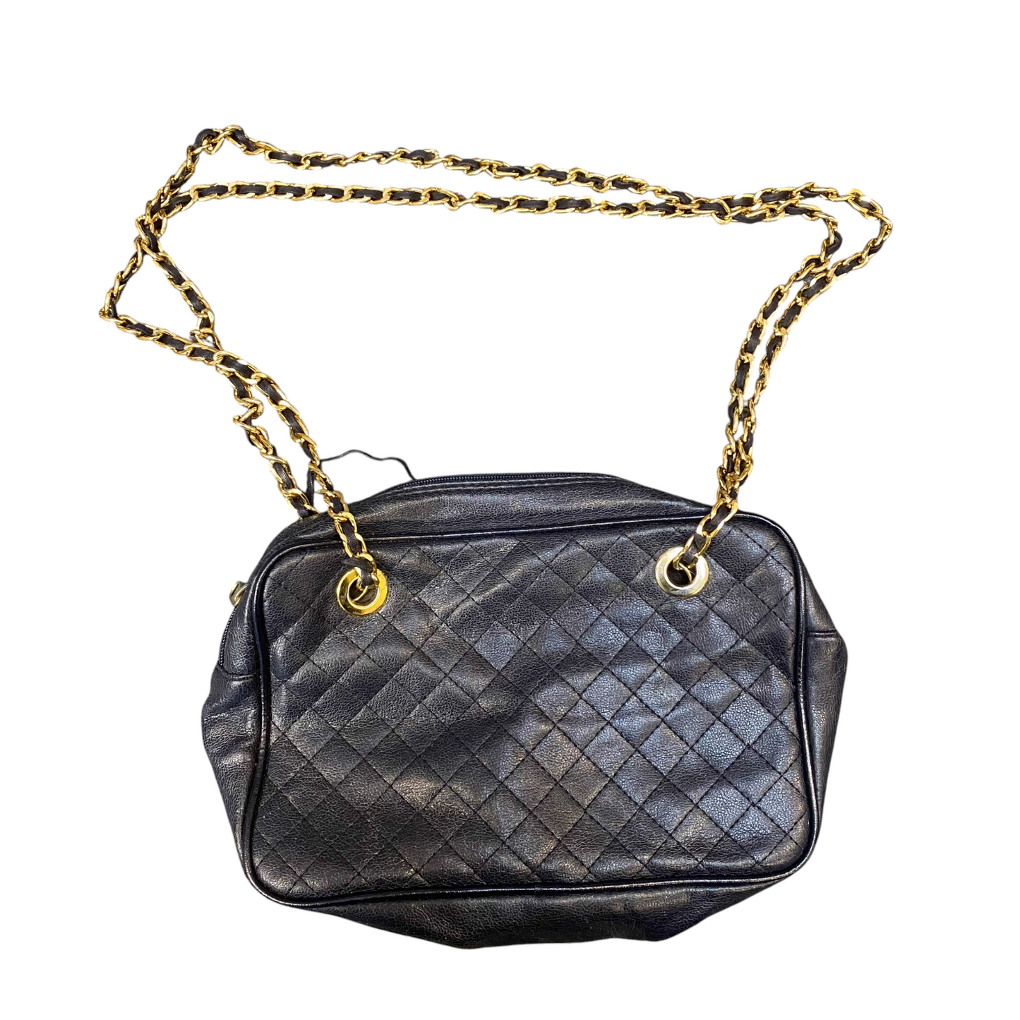 Womens Shoulder Bag Black Leather Quilted Chain Strap Double Handles Zip Closure