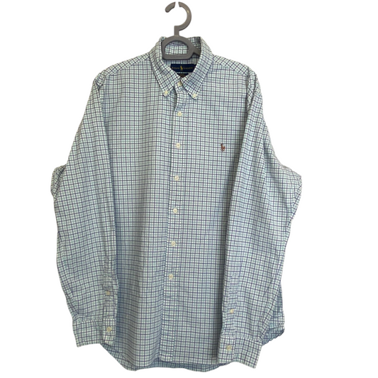 Ralph Lauren Shirt Mens XL Blue Check Slim Fit Stretch Oxford Brown Pony Logo