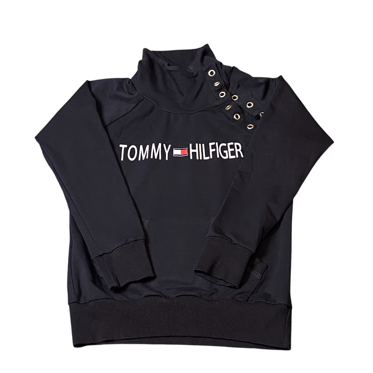 Tommy Hilfiger Sweatshirt Girls Medium Black Long Sleeve Ribbed Hem & Cuff Y2K