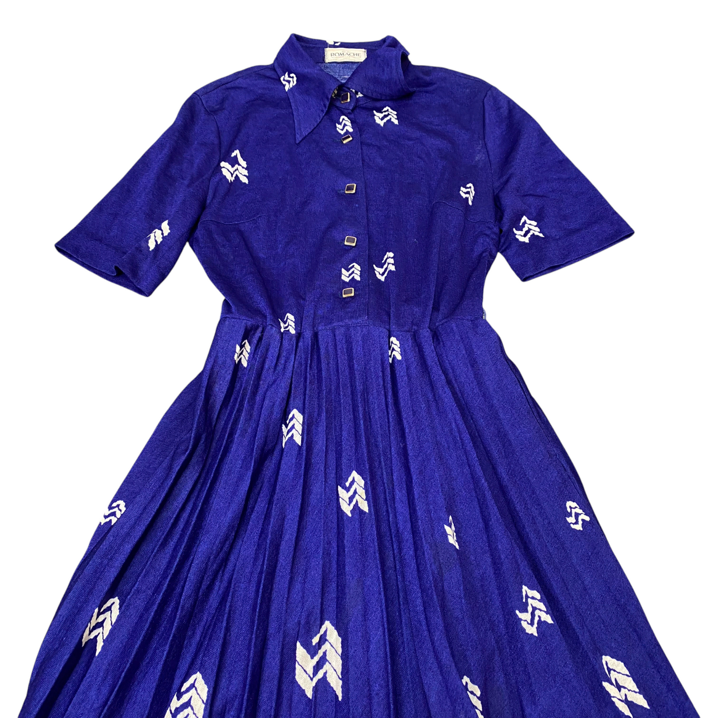 Romache A-Line Dress Womens S Blue Geo Print Knit Pleated Collared Button Front