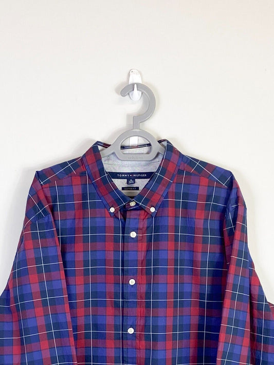 Tommy Hilfiger Shirt Men XL Blue Plaid Custom Fit Casual Long Sleeve Button Down