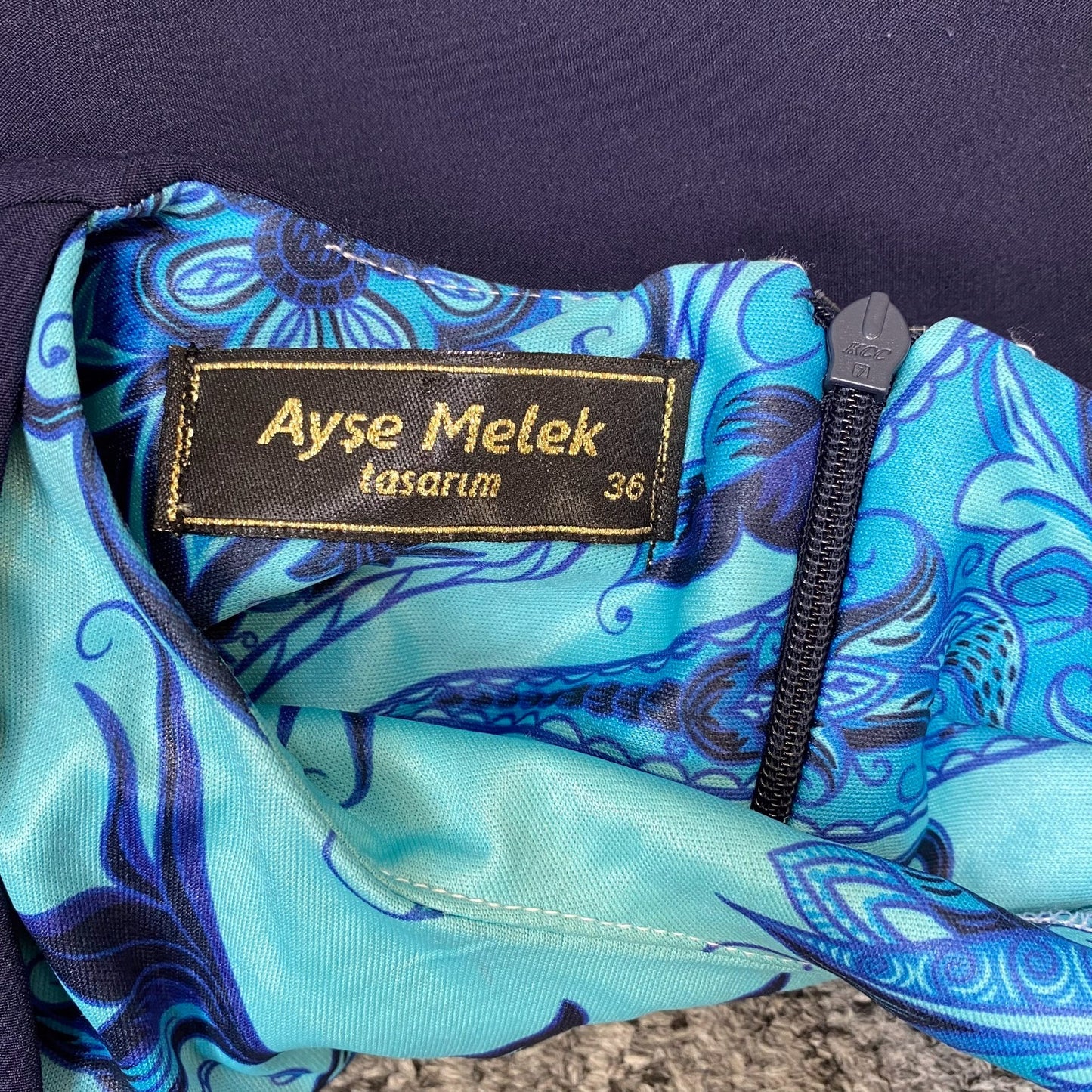 Ayse Melek Maxi Dress Womens S Blue Paisley Floral Flared Round Neck Back Zip