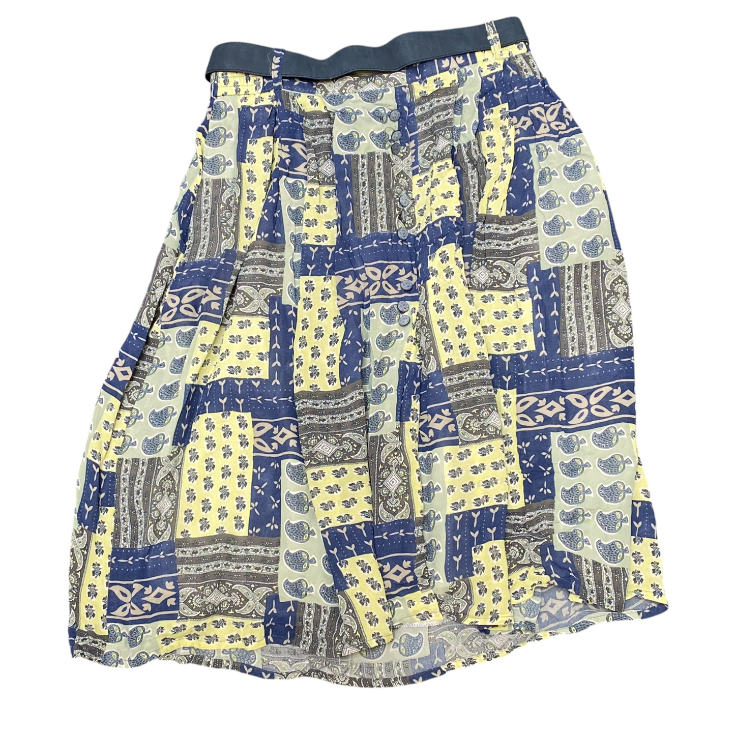 Women's Fit & Flare Skirt M Multi Patchwork Print Chiffon Button Detail Belted