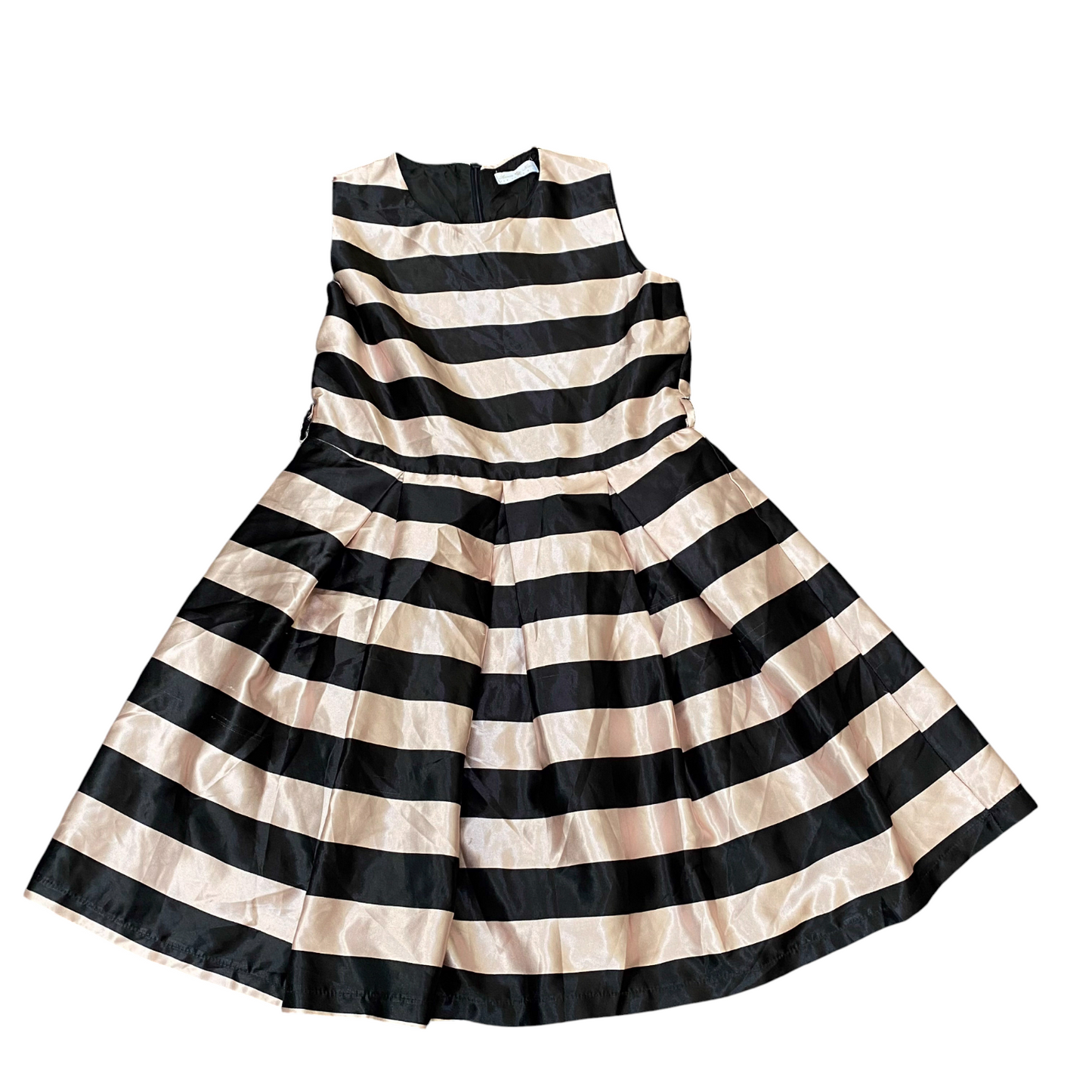 Annes Nicole Short Dress Womens S Cream Black Stripe Pleated Sleeveless Back Zip