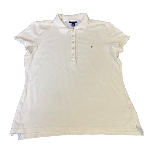 Tommy Hilfiger Polo Shirt Womens Large White Short Sleeve Collared Slit Popover