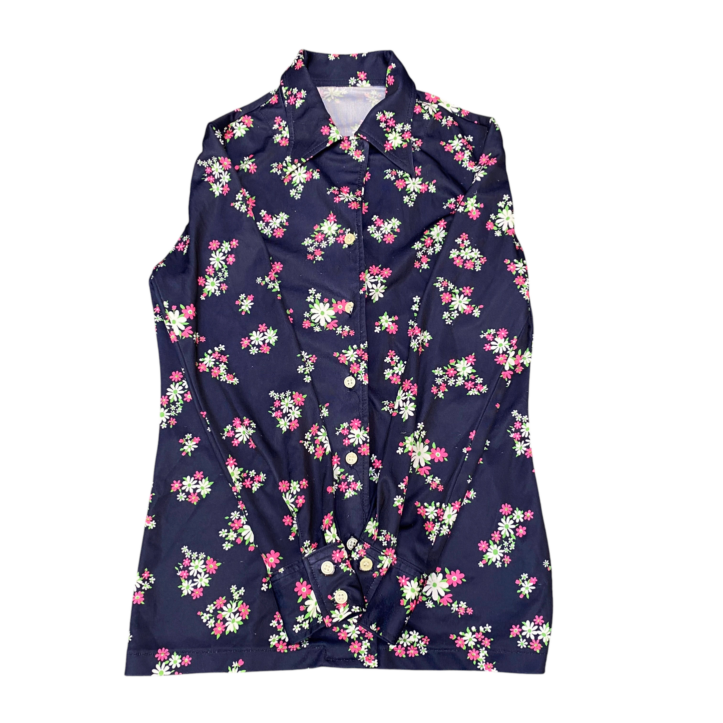 Shirt Top Womens S Blue Floral Casual Long Sleeve Collared Button Front Outdoor