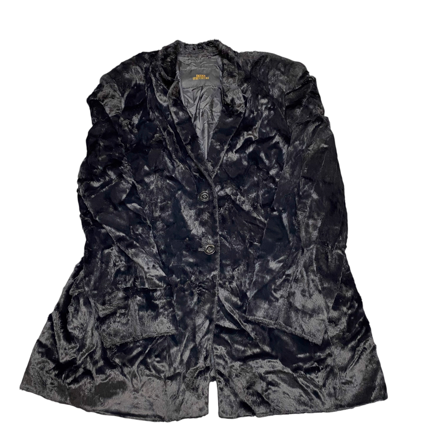 Berri Couture Faux Fur Blazer Jacket Womens Large Black Notch Lapel Button Front