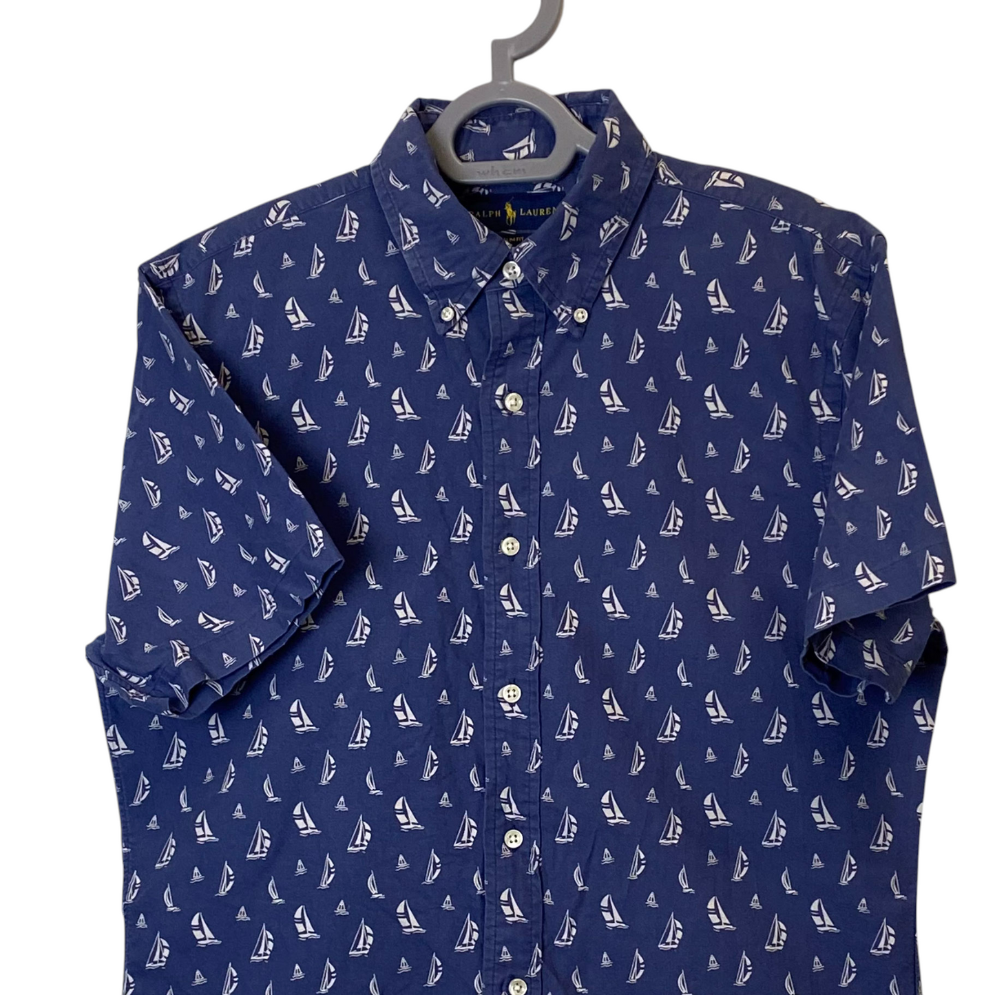 Ralph Lauren Shirt Mens Medium Blue Boat Print Short Sleeve Slim Fit Button Down