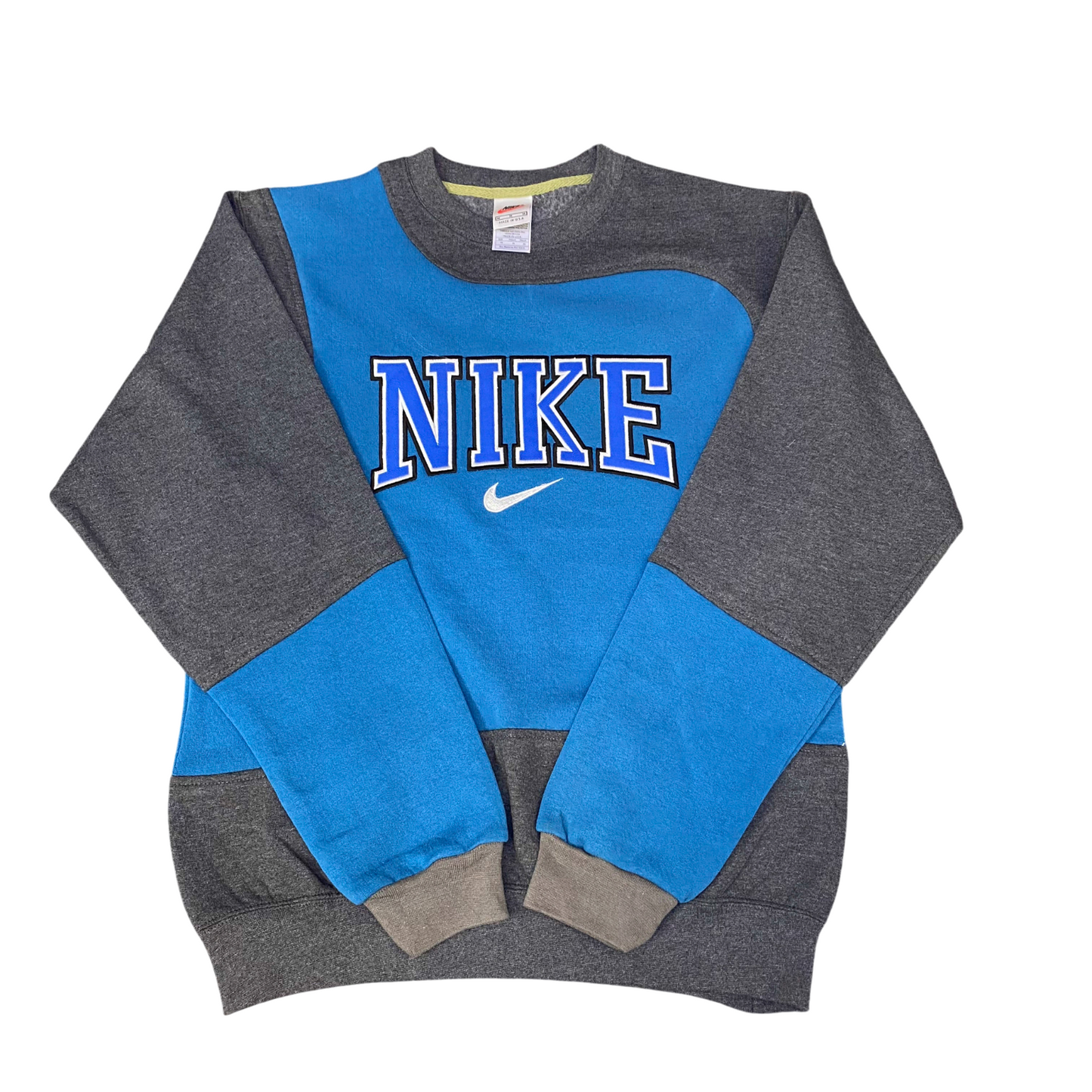 Nike Reworked Sweatshirt Mens Medium Blue Grey Embroidered Spell Out Logo