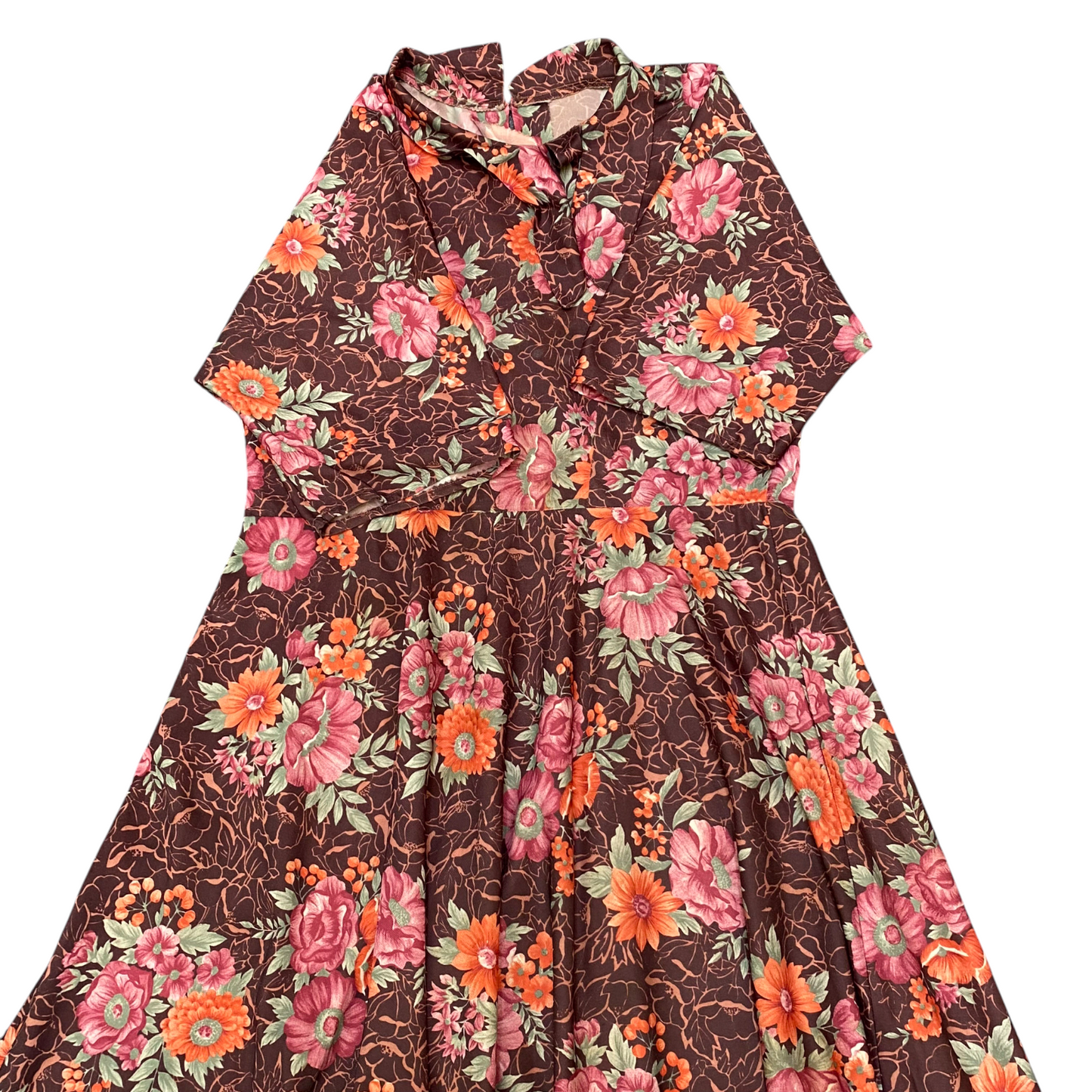 Womens Maxi Dress Womens L Brown Floral Short Sleeve Flare Hem Pullover Outdoor