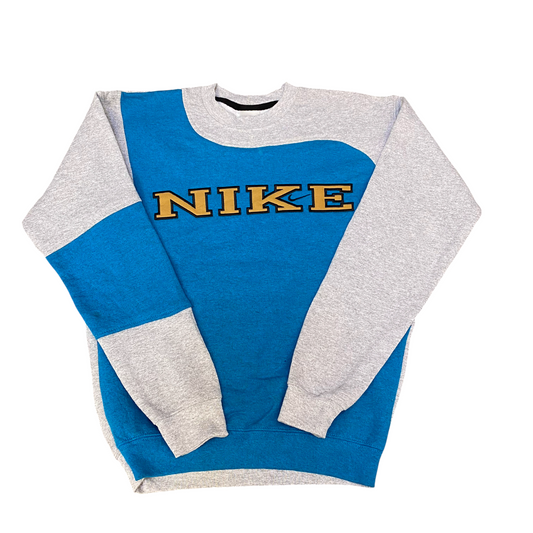 Nike Reworked Sweatshirt Mens S Blue Grey Embroidered Spellout Logo Vintage Y2K