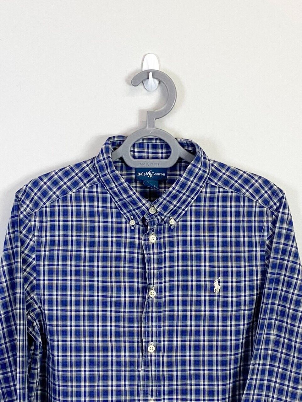 Ralph Lauren Shirt Men Large Blue Plaid Cotton Casual Small White Polo Pony Logo