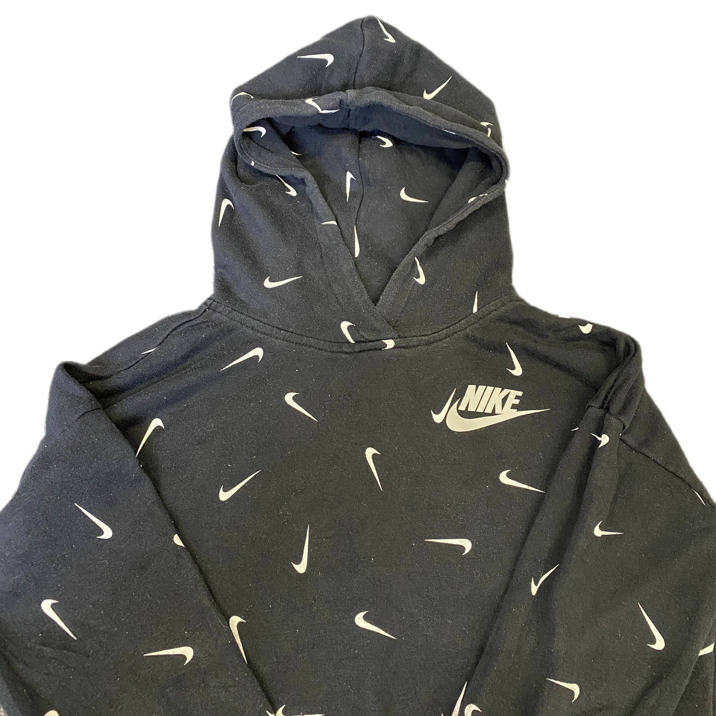 Nike Training Hoodie Girls Large Black White All Over Swoosh Logo Long Sleeve