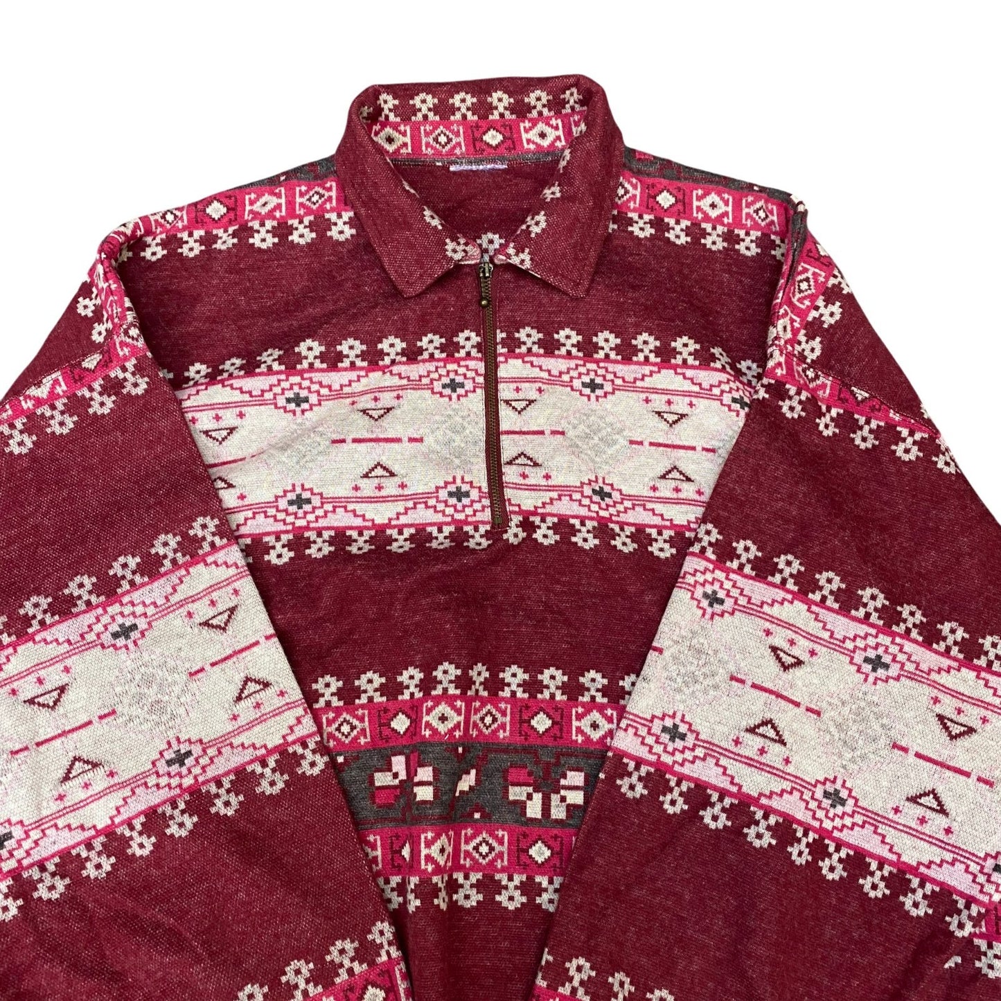 Jumper Mens Large Red Fair Isle Print Long Raglan Sleeve Quarter Zip Pullover