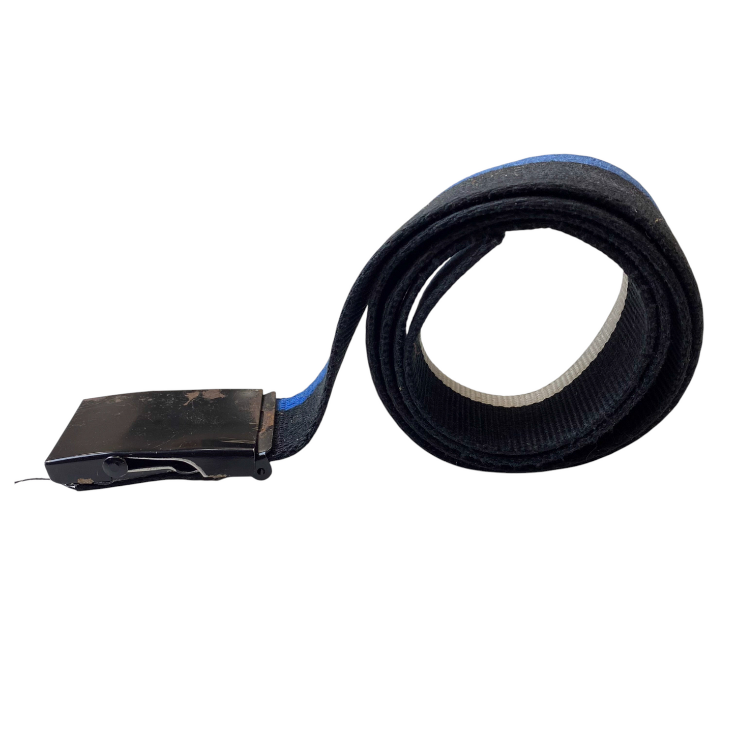 Mens Webbing Military Belt Black Blue Striped Canvas Flip Top Buckle Size 37 in