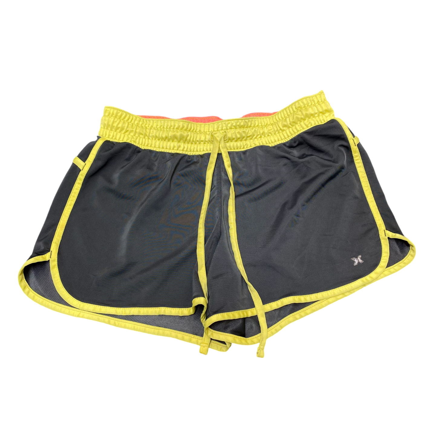Running Sprinter Shorts Womens 29W Grey Yellow Drawstring Waist Dolphin Hem