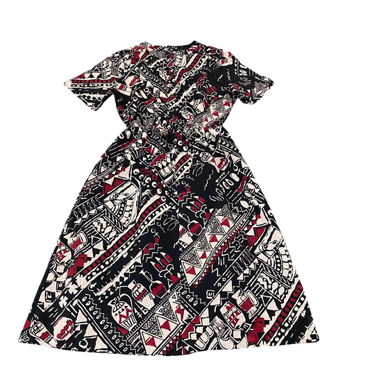 A-Line Dress Womens S Multi Geometric Short Sleeve Round Neck Button Front