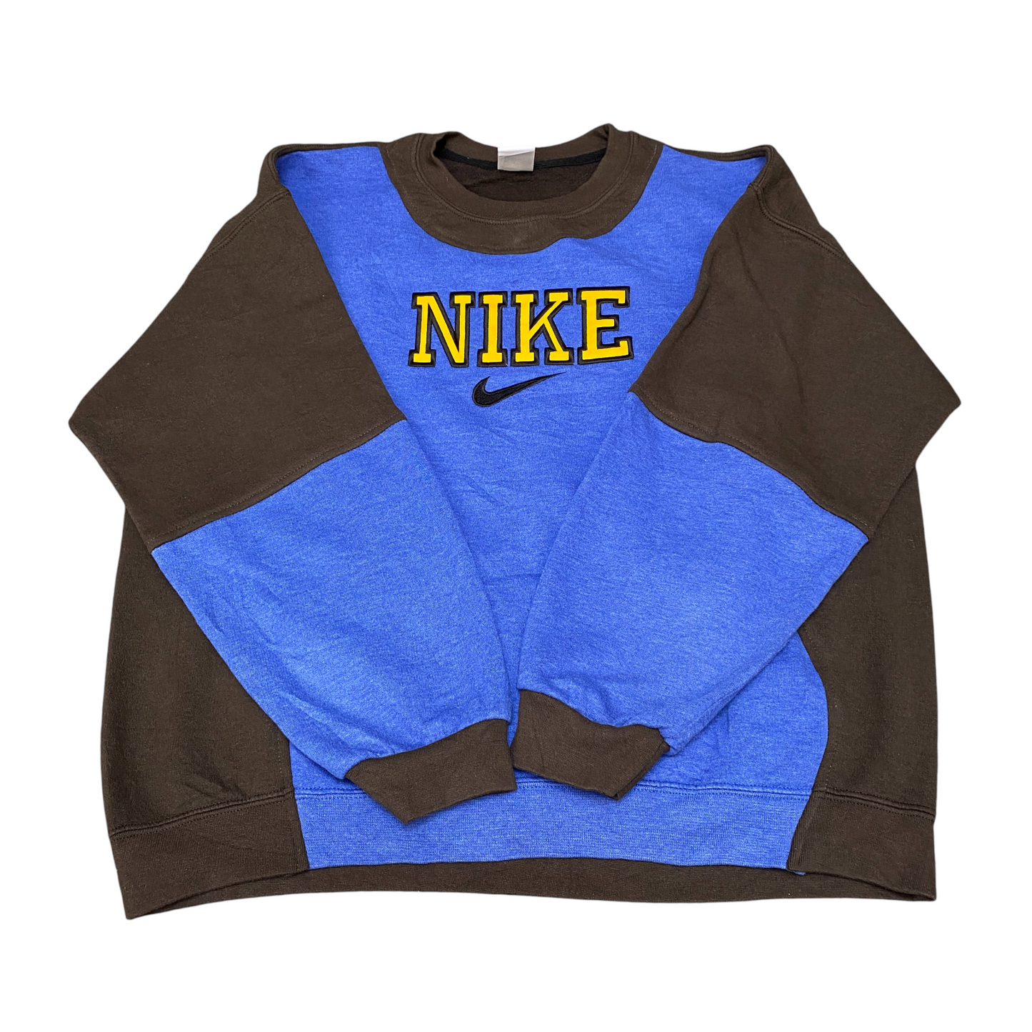 Nike Reworked Sweatshirt Men XL Blue Brown Embroidered Spellout Logo Vintage Y2K
