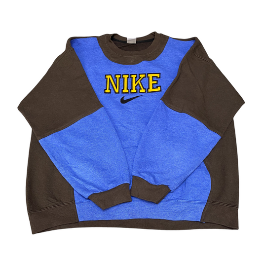 Nike Reworked Sweatshirt Men XL Blue Brown Embroidered Spellout Logo Vintage Y2K