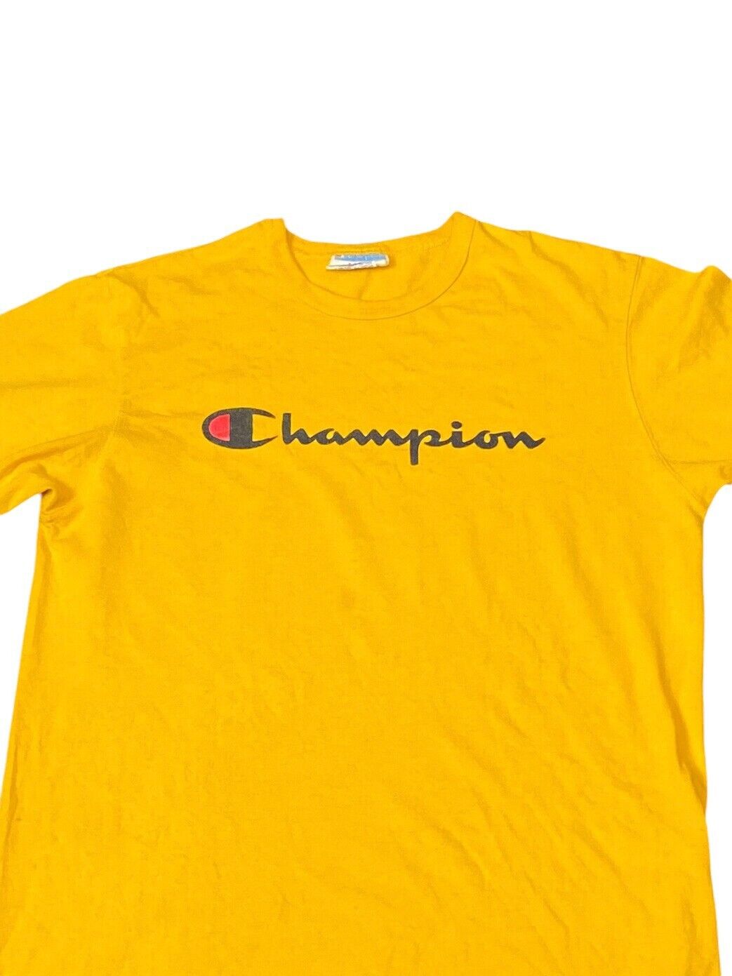 Champion T-Shirt Women's Large Yellow Logo Crew Neck Short Sleeve Pullover Tee