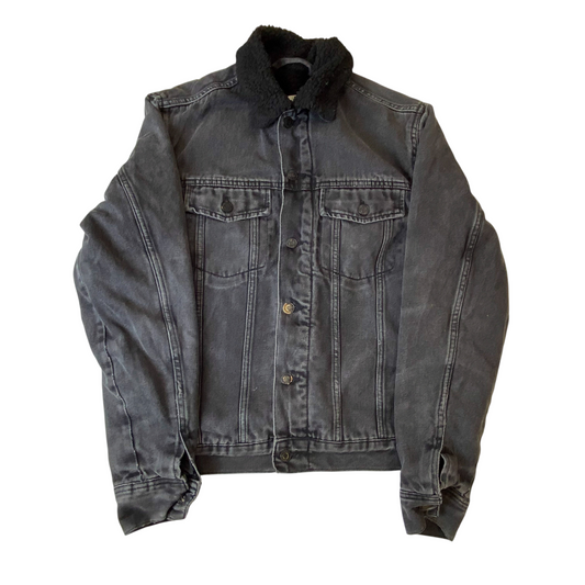 H&M L.O.G.G. Trucker Jacket Mens Medium Grey Sherpa Lined Collared Button Front