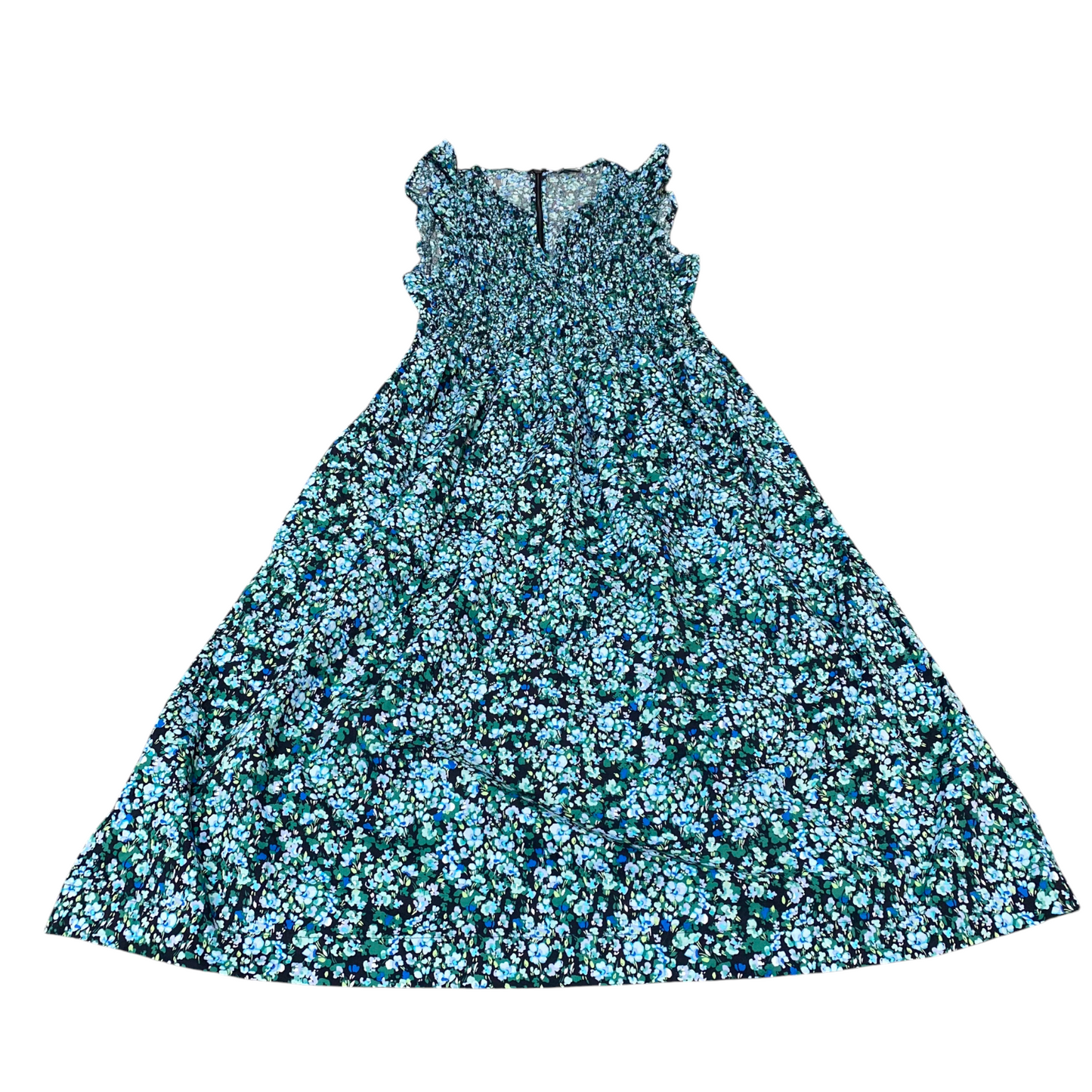 J.CREW A Line Maxi Dress Womens M Green Floral Pleated Sleeveless Back Zip