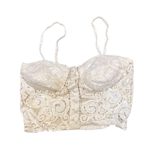 Womens Bustier Crop Top S White Lace Floral Padded Spaghetti Straps Button Front