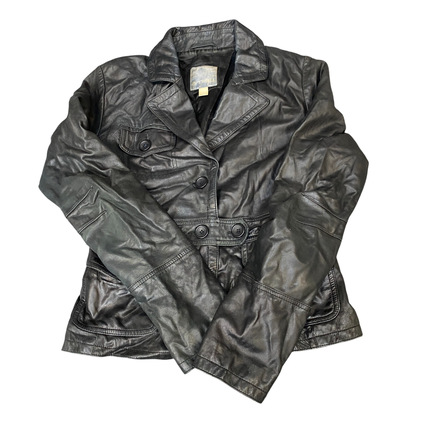 Amisu Leather Blazer Jacket Women Medium Black Lined Notch Lapel Single Breasted