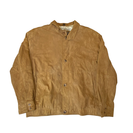Classic Bomber Jacket Mens Large Brown Suede Leather Long Sleeve Button Front