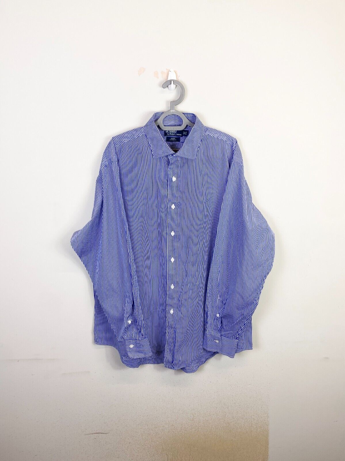 Ralph Lauren Dress Shirt Men L Blue Striped Regent Custom Fit Collar Button Down