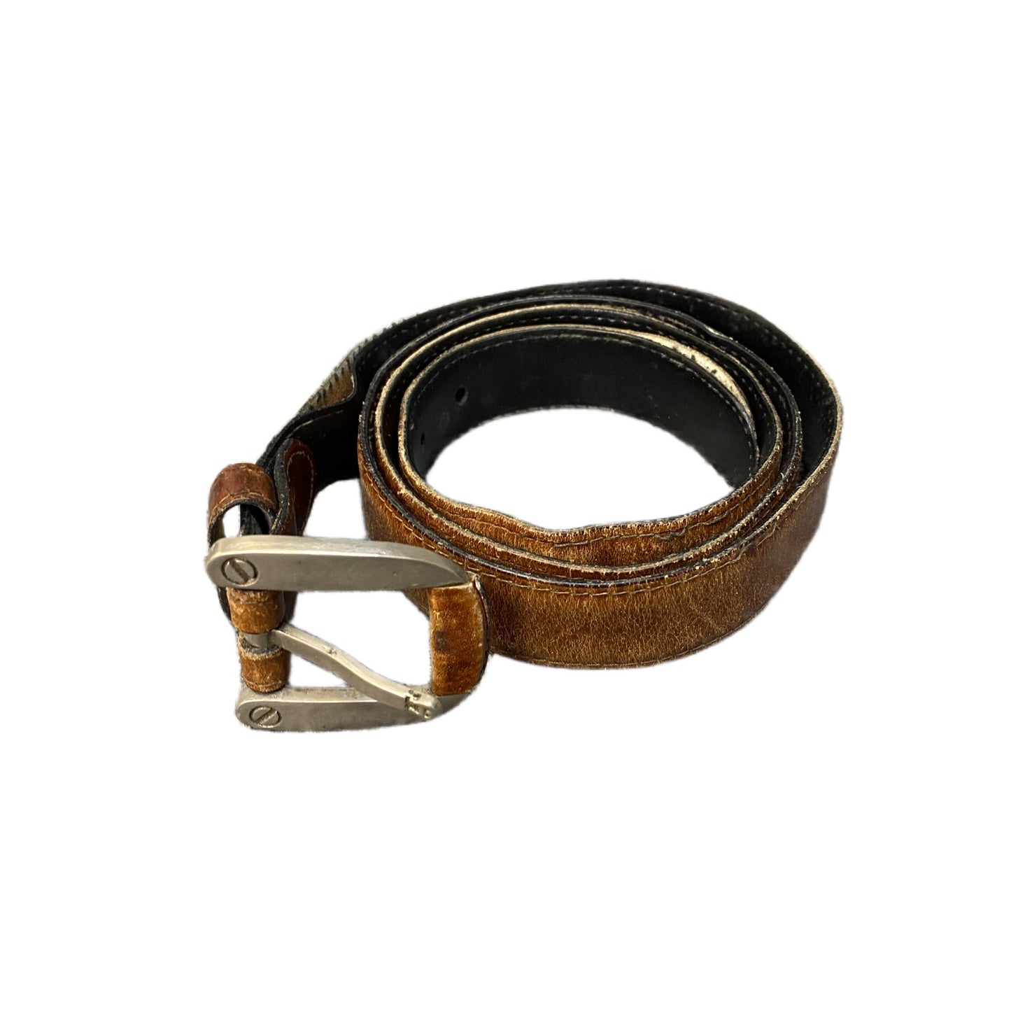 Vintage Waist Belt Mens Brown Leather Adjustable visible Screws Buckle 39 inches
