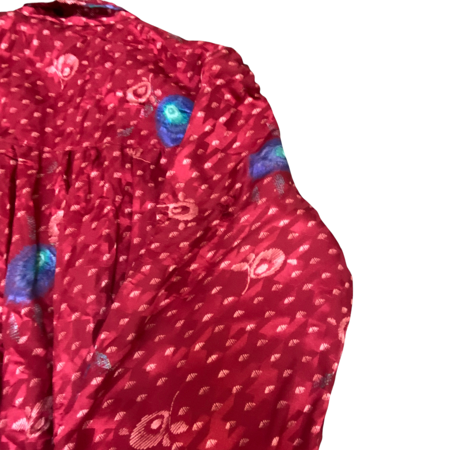 A-Line Dress Womens M Red Blue Geometric Pletaed Long Sleeve Tie Button Front