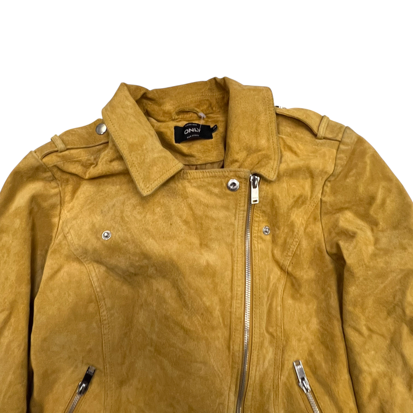 Only Our Story Suede Leather Moto Jacket Womens Small Mustard Asymmetrical Zip