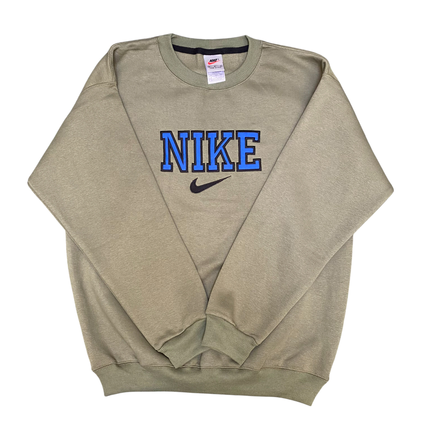 Nike Reworked Sweatshirt Men's M Green Embroidered Spellout Logo Crew Neck