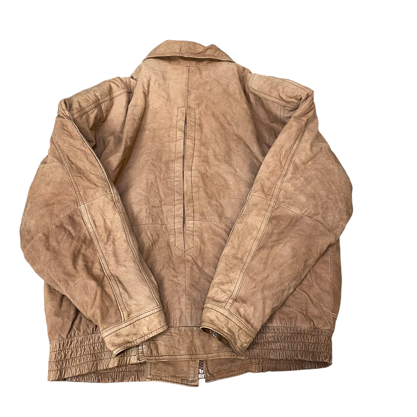 Greg Bell Leather Jacket Mens Large Brown Lined Collared Zip Up Elasticated Hem