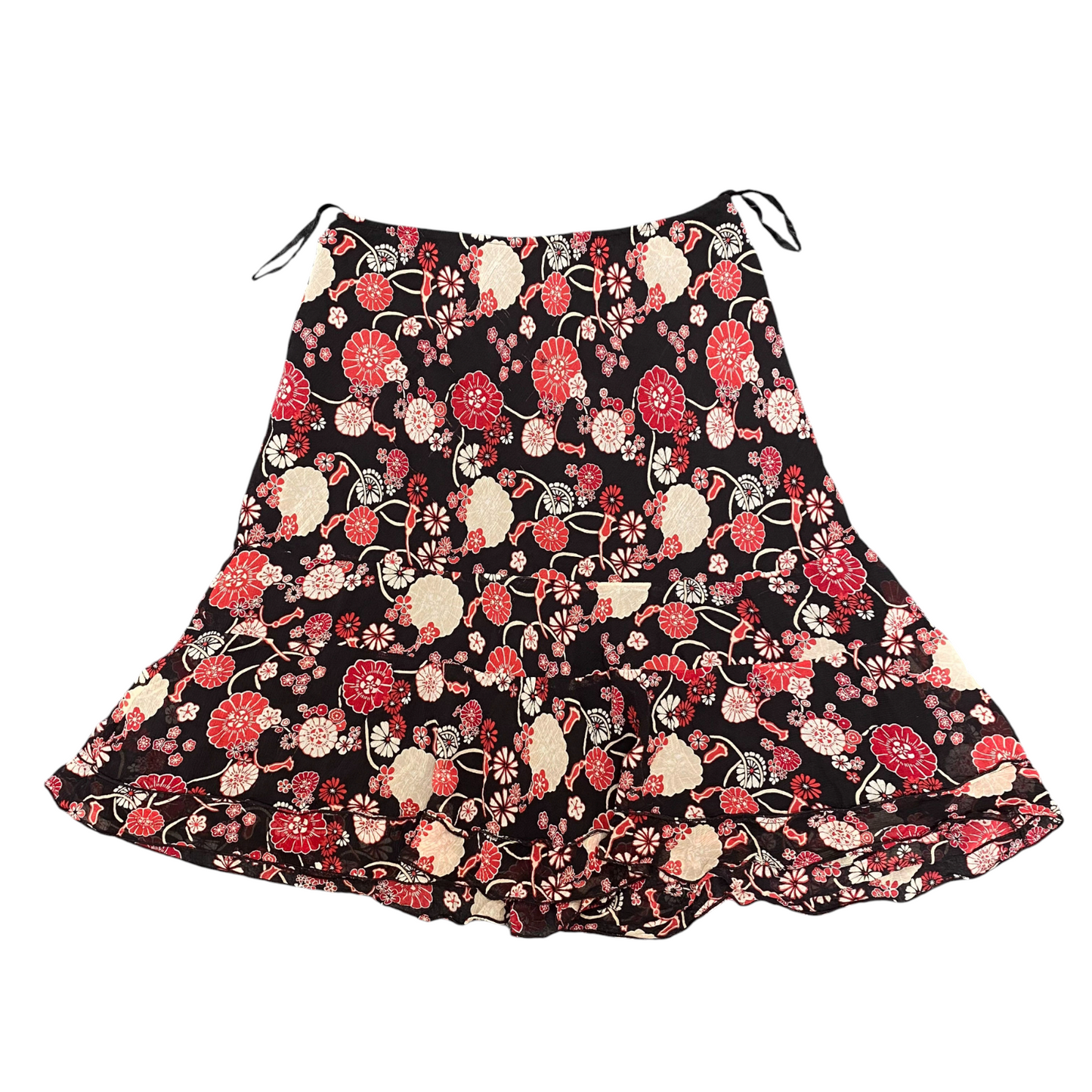 INC International Concepts A-Line Skirt Womens M Black Red Floral Silk Side Zip