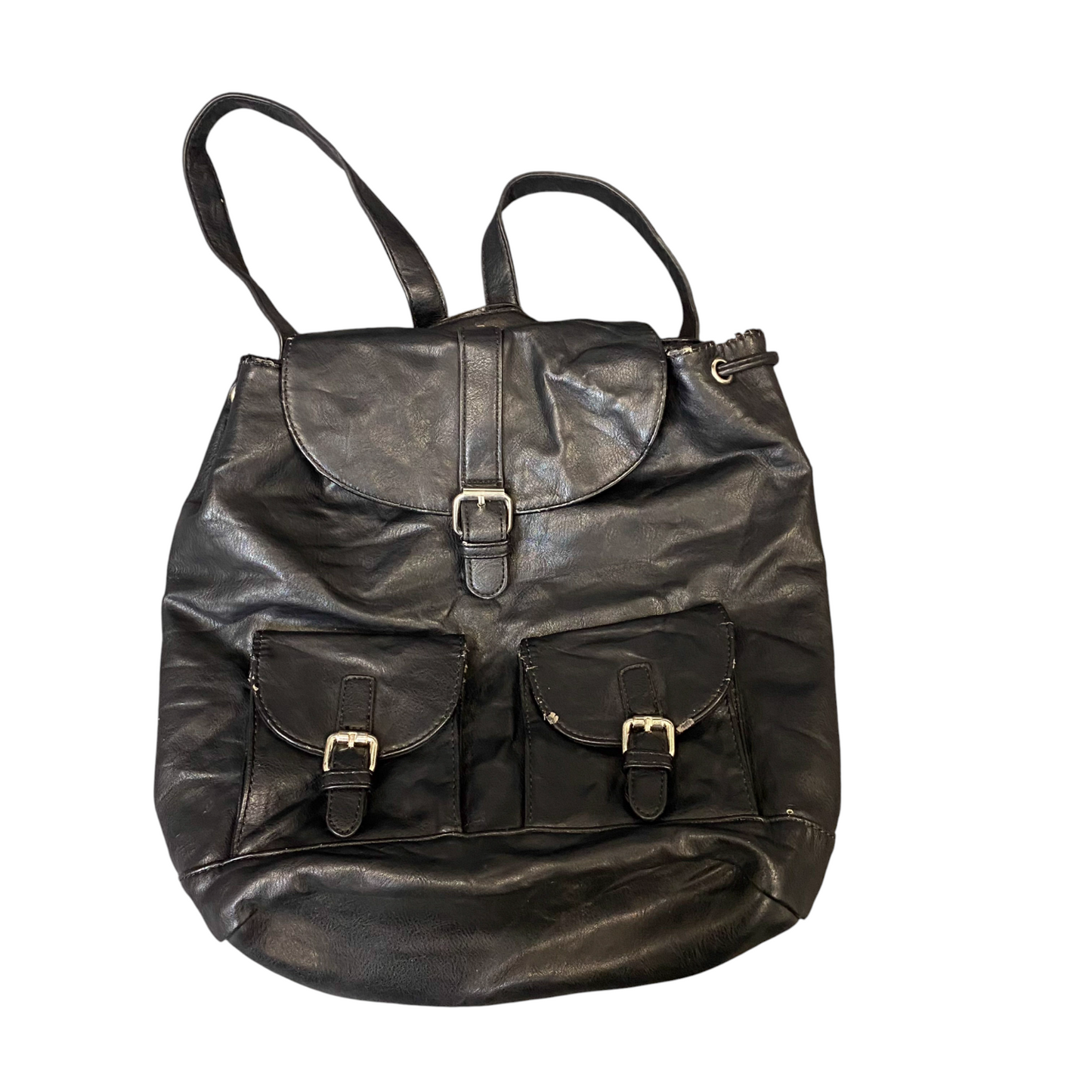 Pimkie Rucksack Backpack Womens Black Leather Shoulder Strap Buckle Flap Closure