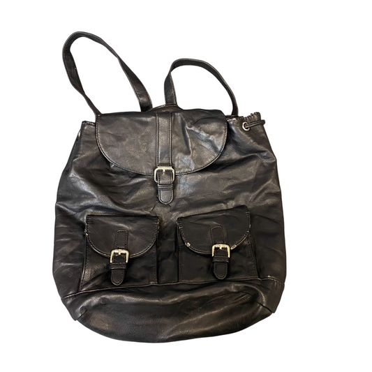 Pimkie Rucksack Backpack Womens Black Leather Shoulder Strap Buckle Flap Closure
