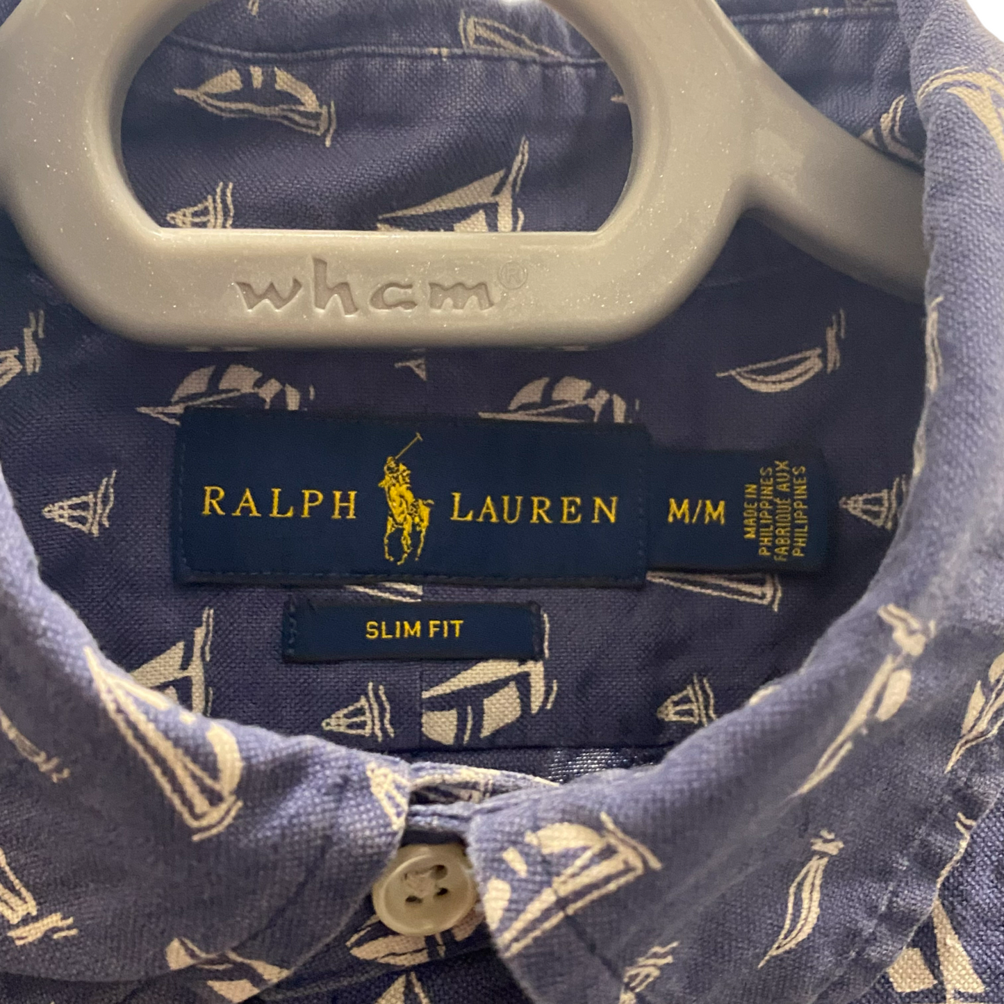 Ralph Lauren Shirt Mens Medium Blue Boat Print Short Sleeve Slim Fit Button Down