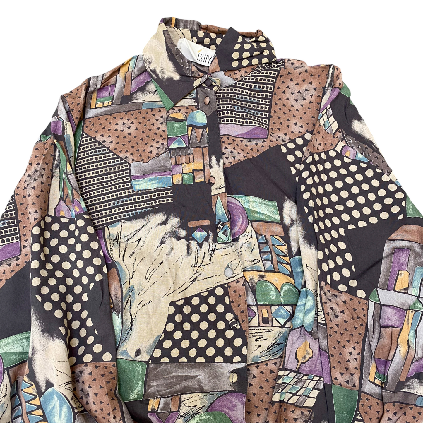 ISHYU Shirt Top Womens L Multi Graphic Print Long Sleeve Casual Button Down