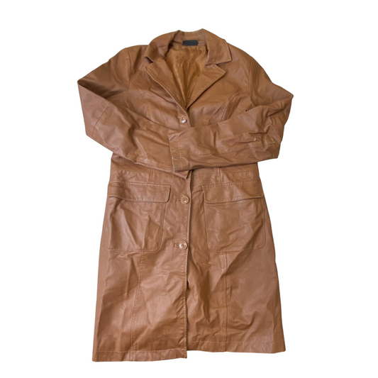 Mia Linea Leather Trench Coat Womens Small Brown Lined Notch Lapel Button Front