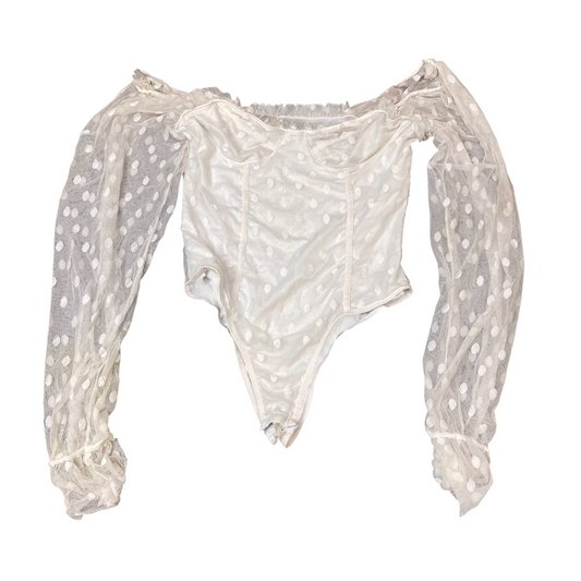 Bodysuit Womens S White Polka Dot Mesh Off Shoulder Balloon Long Sleeve Outdoor