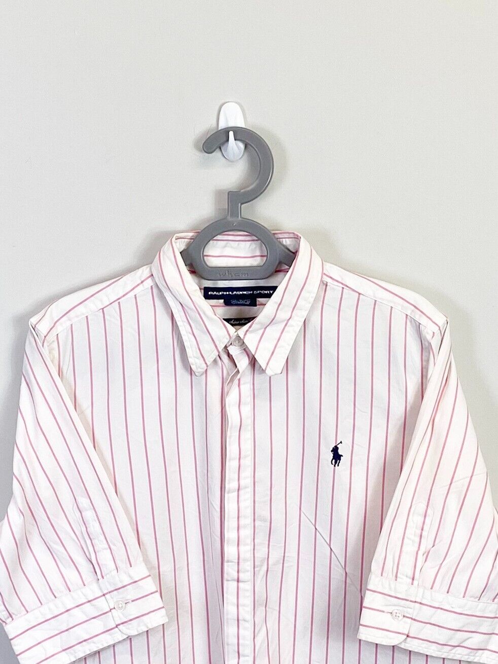 Ralph Lauren Shirt Mens Medium Pink Striped Slim Fit Small Black Polo Pony Logo